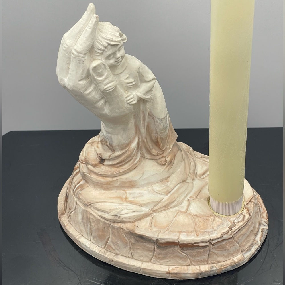 Ceramic Art Sculpture Taper Candle Holder:”A Child Protected By The Hand Of God”